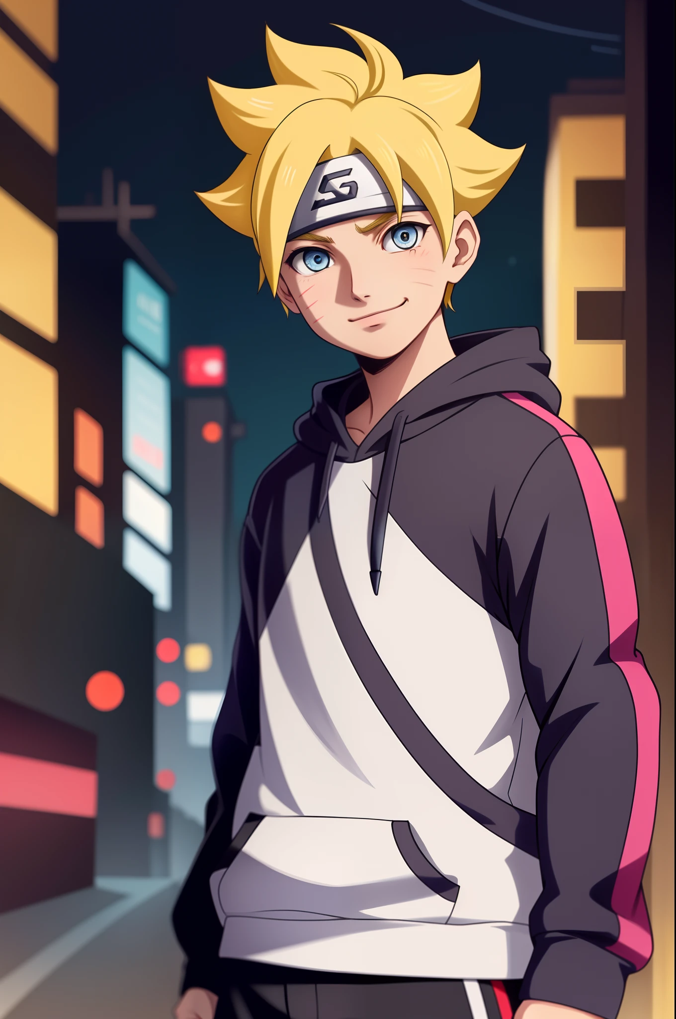 masterpiece, ultra-detailed, 1boy, male focus, upper body shot, Uzumaki Boruto wearing maroon Streetwear Hoodie, yellow hair, Blue eyes, look at viewer, happy face, vibrant colors, cityscape background, dinamic lighting, highly detailed face, stylish, urban style, cool attitude, bokeh, blurry background,