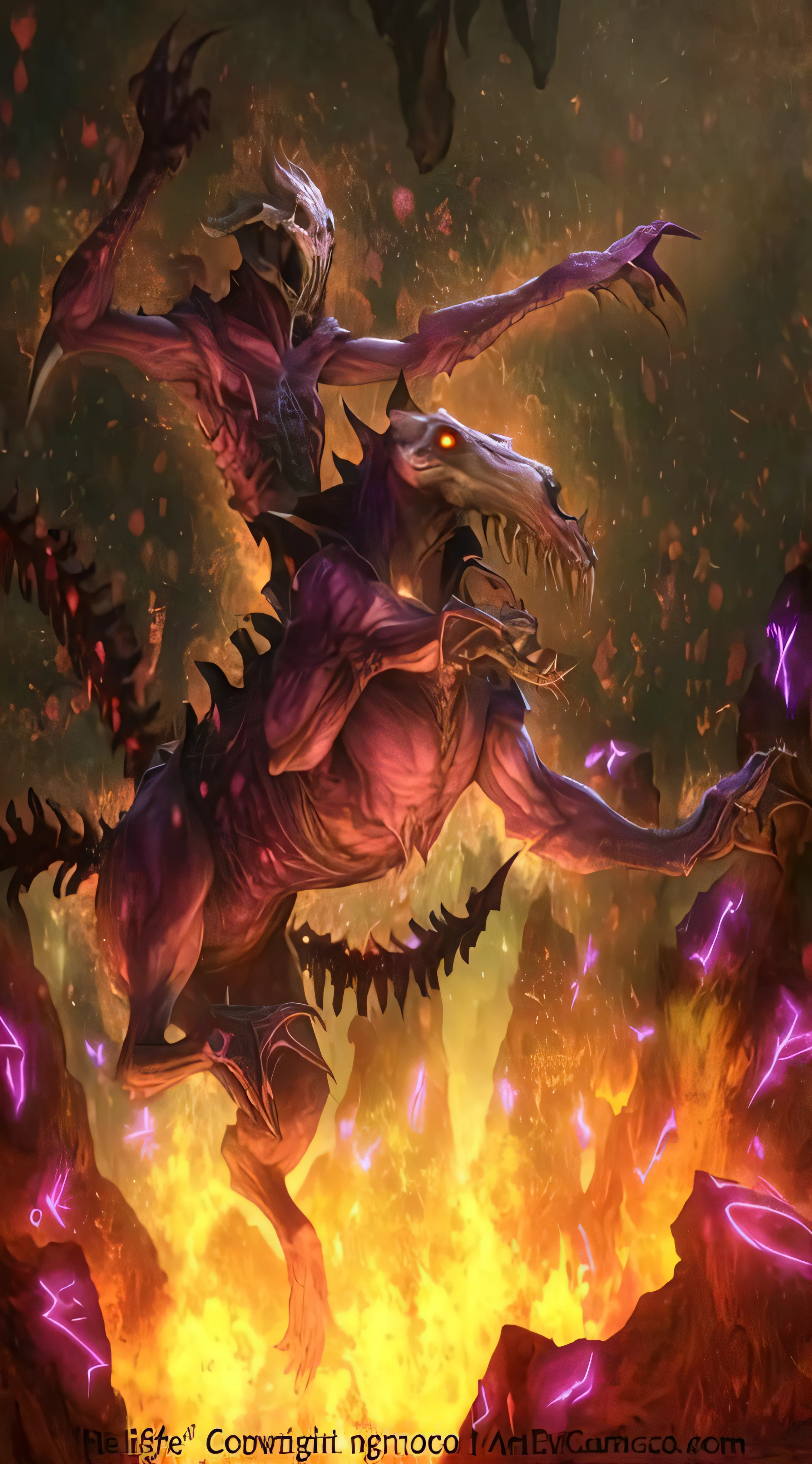 a painting of a demonic creature riding a horse in a fire, purple fire around magic arena, amazing d & d dark sun art, zerg, epic fantasy card game art, known as voryn dagoth in life, zerg hydralisk, magic the gathering card art, the hydra from path of exile, infernal art in good quality