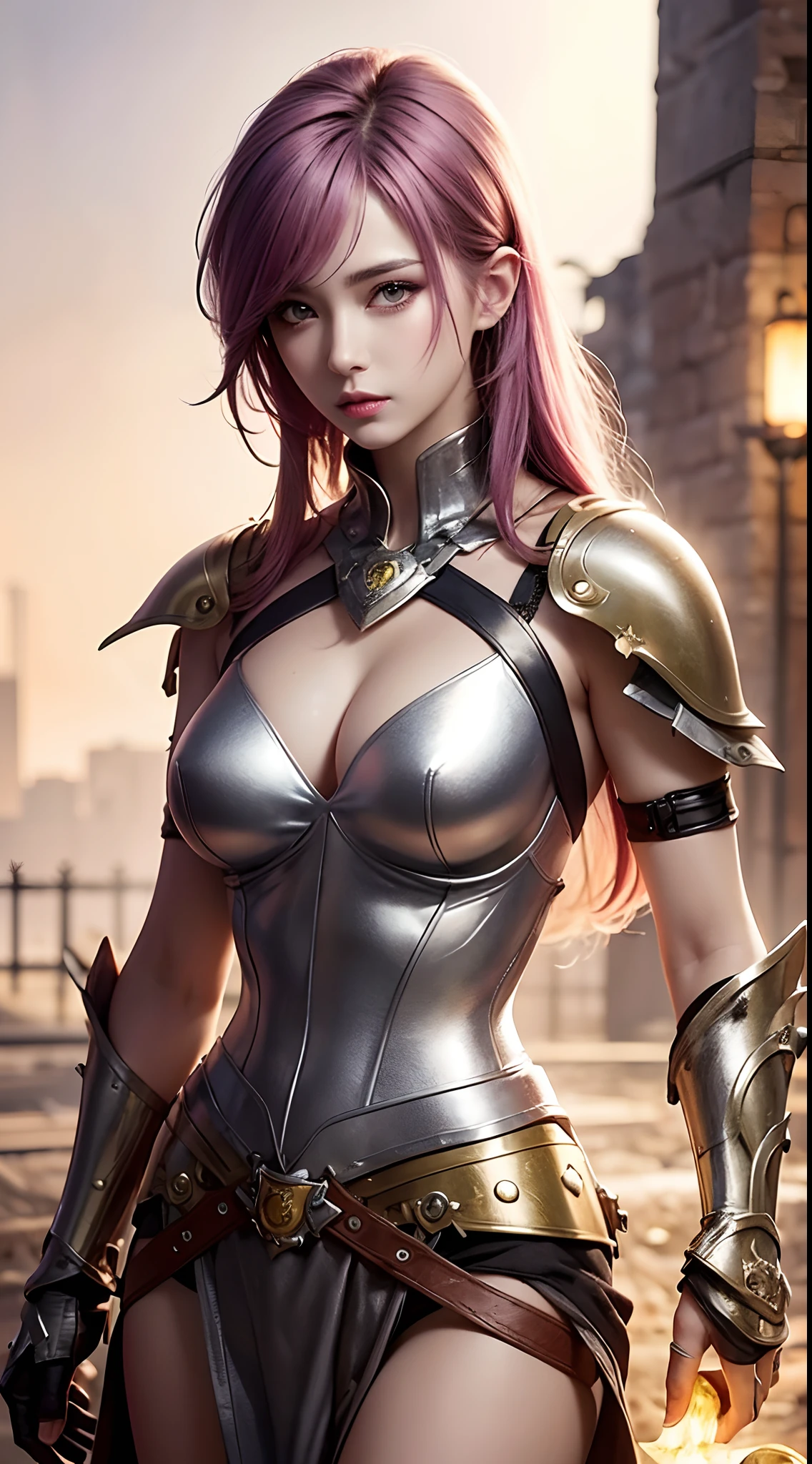 Watercolor-haired woman in truncated punk-style medieval armor. Bright chrome yellow underwear with sharp reflection. gemstone. Bare-shoulders. Detailed lighting. Artwork. extreme beauty. Clothes with strong gradient effects