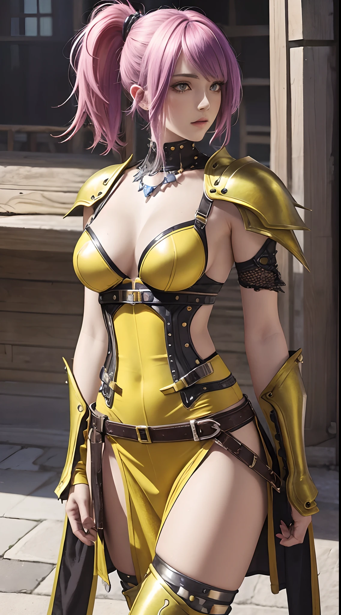 Watercolor-haired woman in truncated punk-style medieval armor. Bright chrome yellow underwear with sharp reflection. gemstone. Bare-shoulders. Detailed lighting. Artwork. extreme beauty. Clothes with strong gradient effects