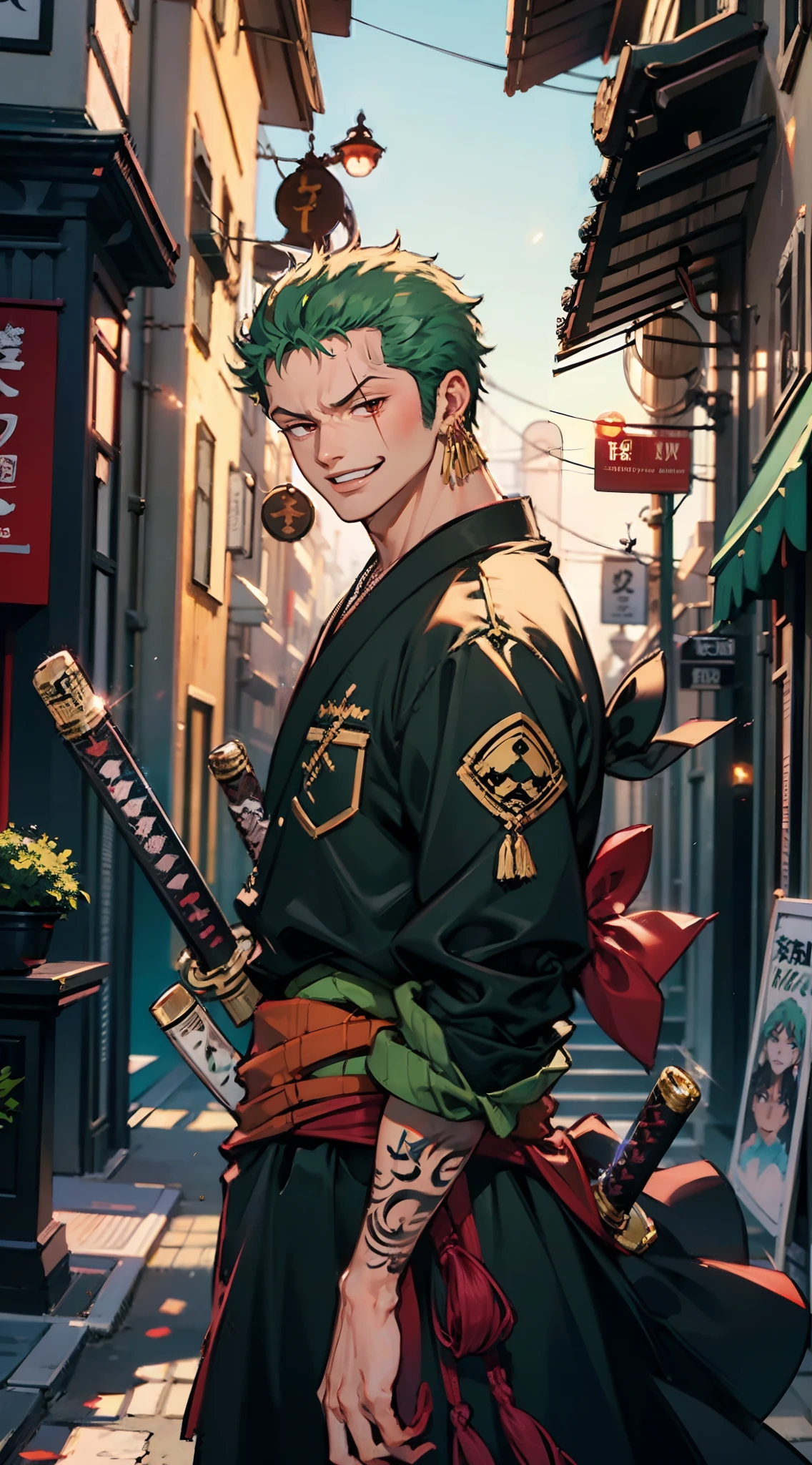 zoro, solo, looking at viewer, smile, short hair, red eyes, 1boy, holding, jewelry, upper body, weapon, male focus, earrings, japanese clothes, green hair, horns, sword, kimono, holding weapon, from side, tattoo, glowing, scar, holding sword, katana, scar on face, scar across eye