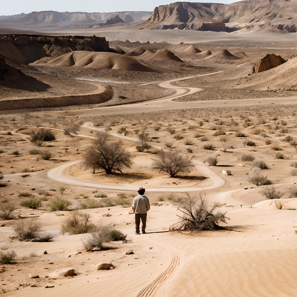 A full-body image of a stocky, bald 30-year-old French man standing completely naked in the desert