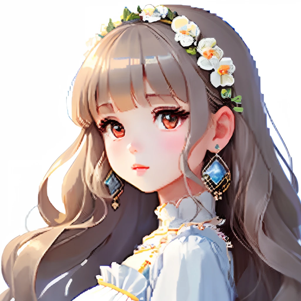 I was wearing an antique dress,large earring、Clothing consisting of pale blue color, Brown and beige、Girl with dull grey long S-shaped curls、chocolate hair,、Blunt bangs、Look back and look at this.、Pixel art、Pixel Art Illustration、pixels、Plain background、Upper body、For icons、pixels_Art Book,Composition centered on the face、Katyusha、pixels、Game-style illustration、Pixel art、pixels、without background、The background is all beige、pixels、Big hair ornament、graceful dress、Loose fluffy、White background、、simple background、A girl about 16 years old、Beautiful eyes like jewels、pixels、pixels、pixels、Pixel art