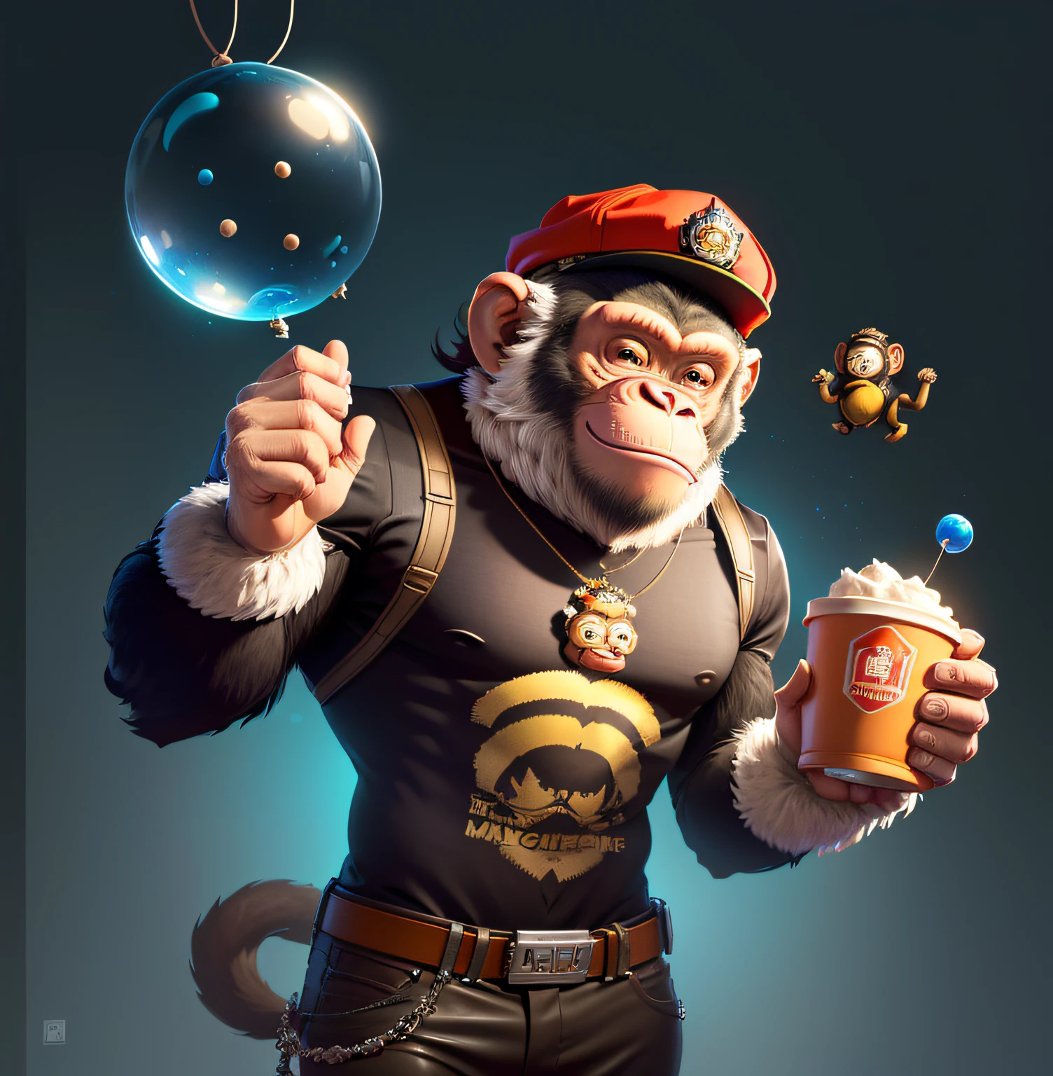 A cartoon monkey blowing a bubble with a hat in, Winston, o Macaco de Overwatch, macaco entediado nft, Assunto= chimp, inspirado em Alex Petruk APe, macaco entediado, Rasputin como personagem Grubhub, estilo varguyart, Winston de Overwatch, macaque inside alien base, inspirado por Dong Kingman, Cheburashka