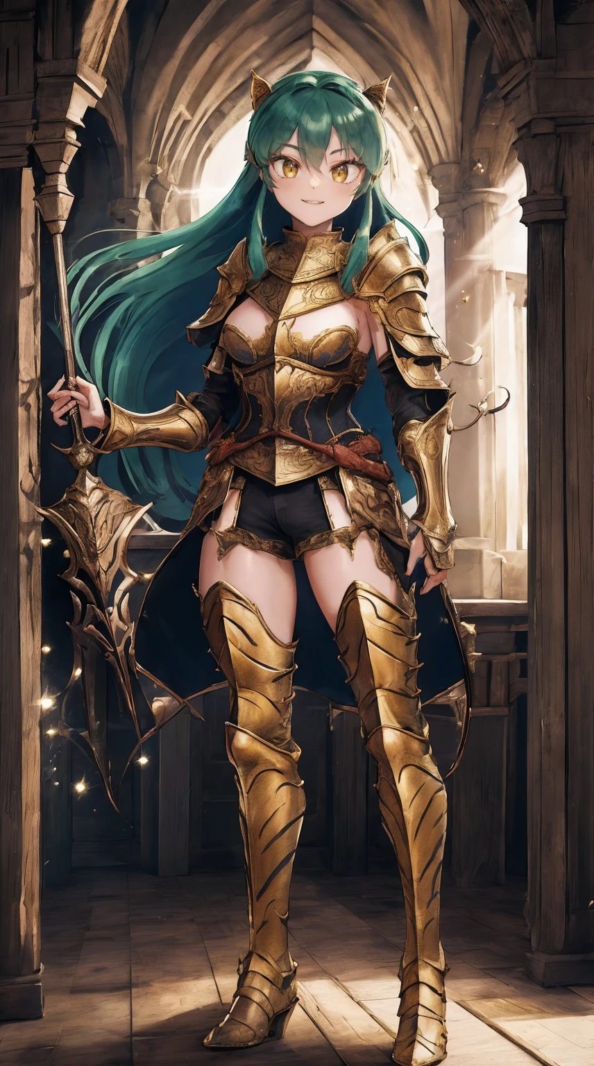 masterpiece, best quality,medieval armor, corset, breastplate,lum, , urusei yatsura, cloak, pants, pullover, kimono,martial pov,, pantyhose, sharpteeth, standing,smile, matial art,, full body, boots , pant, medium breast, pants, pullover,martial pov,god rays, ray tracing, sparkle, cinematic lighting, UHD, retina, masterpiece, ccurate, anatomically correct, textured skin, super detail, high details, high quality, award winning, best quality, highres, 1080P, HD, 4K, thunder aura, light aura