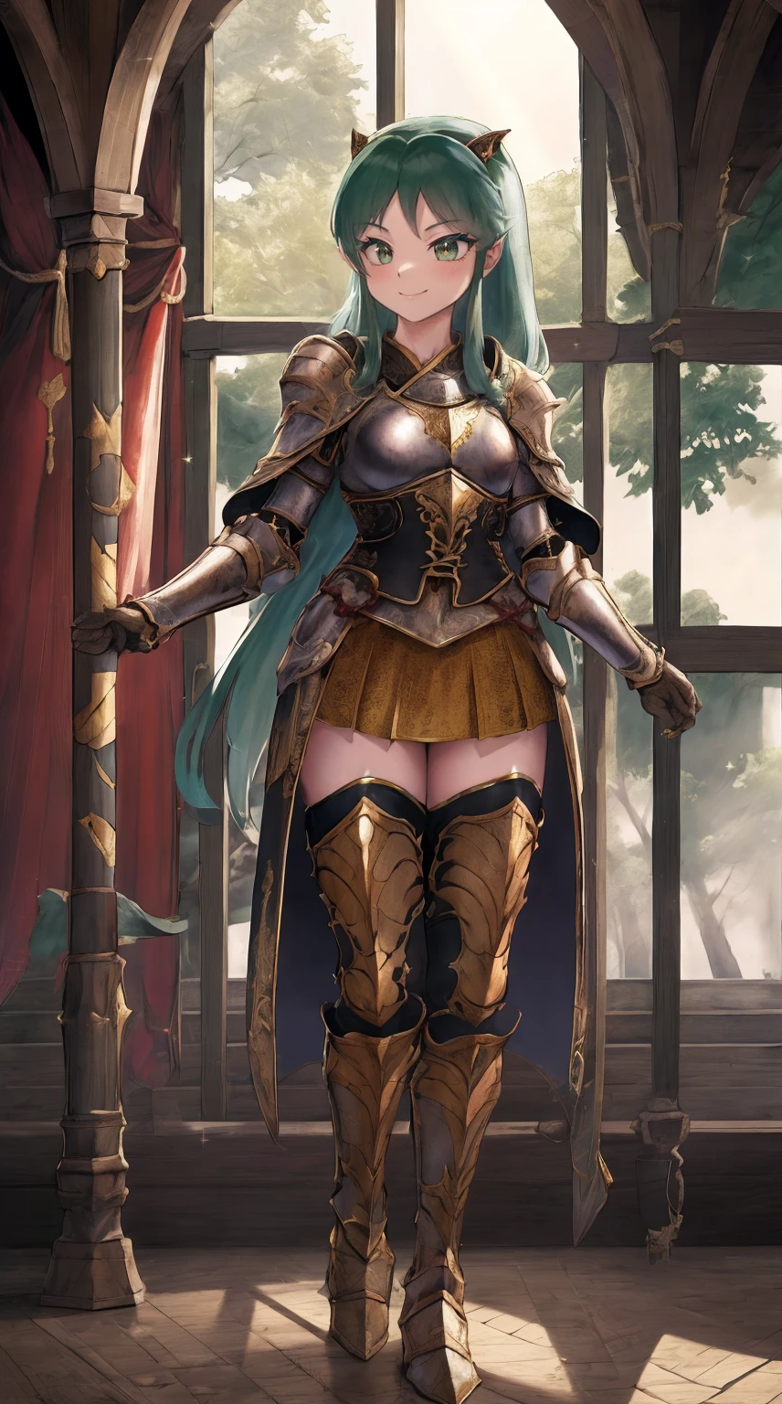 masterpiece, best quality,medieval armor, corset, breastplate,lum, , urusei yatsura, cloak, pants, pullover, kimono,martial pov,, pantyhose, sharpteeth, standing,smile, matial art,, full body, boots , pant, medium breast, pants, pullover,martial pov,god rays, ray tracing, sparkle, cinematic lighting, UHD, retina, masterpiece, ccurate, anatomically correct, textured skin, super detail, high details, high quality, award winning, best quality, highres, 1080P, HD, 4K, thunder aura, light aura