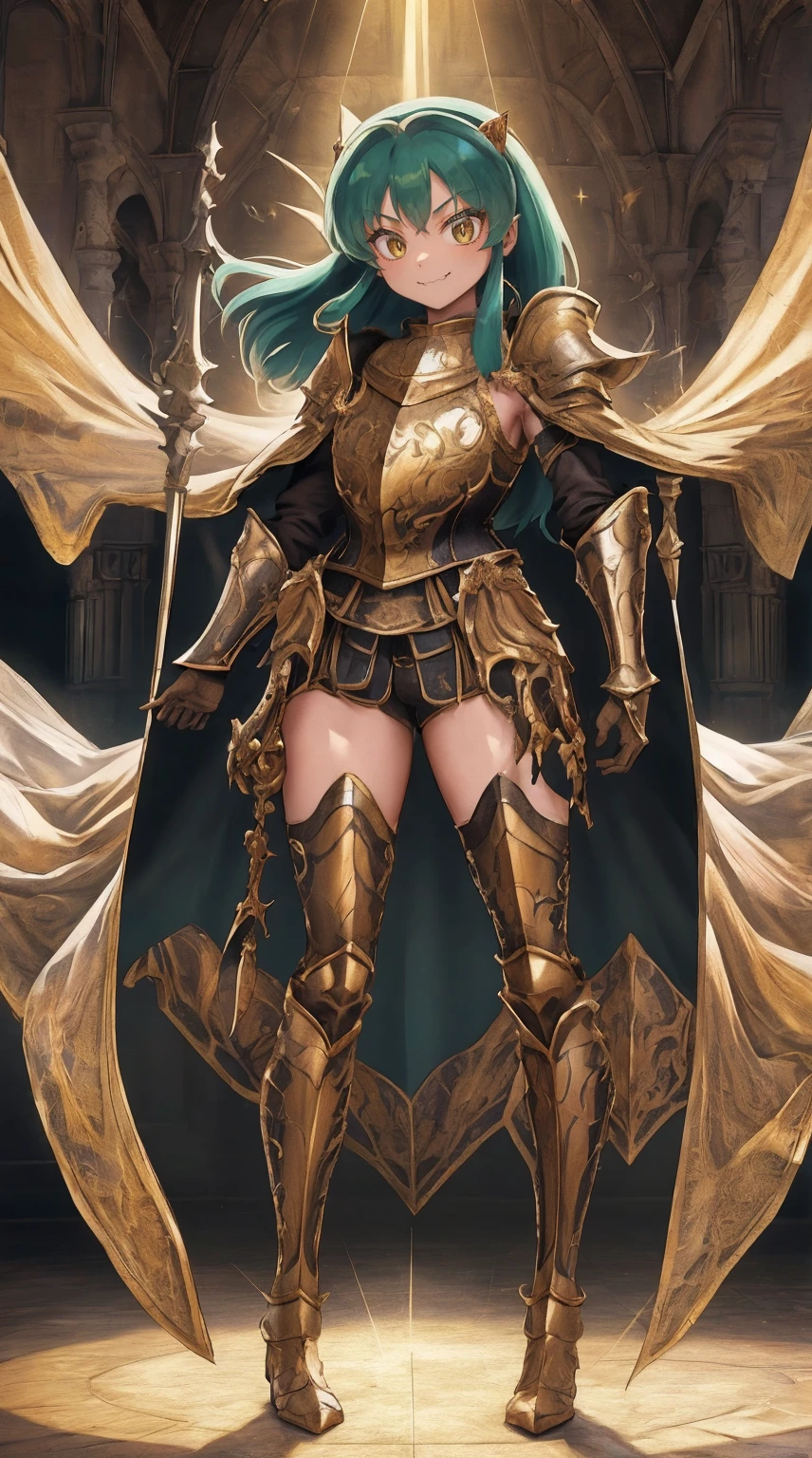 masterpiece, best quality,medieval armor, corset, breastplate,lum, , urusei yatsura, cloak, pants, pullover, kimono,martial pov,, pantyhose, sharpteeth, standing,smile, matial art,, full body, boots , pant, medium breast, pants, pullover,martial pov,god rays, ray tracing, sparkle, cinematic lighting, UHD, retina, masterpiece, ccurate, anatomically correct, textured skin, super detail, high details, high quality, award winning, best quality, highres, 1080P, HD, 4K, thunder aura, light aura