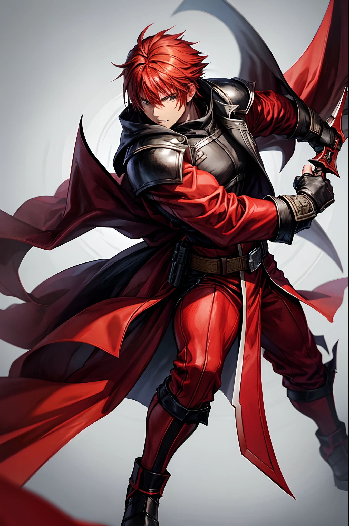 1male, fighting game character, red outfit, antihero, gunblade.