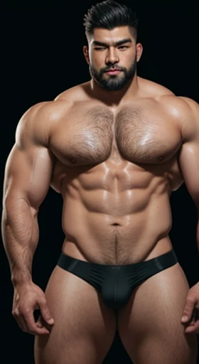 Draw a handsome and dashing Asian muscular man,Height 220 cm,Weight 180 kg,Covered with a sloppy beard,The pectoral muscles are very strong and very large,Naked wearing only sexy panties,A little shy but showing off his figure,The testicles are also very large