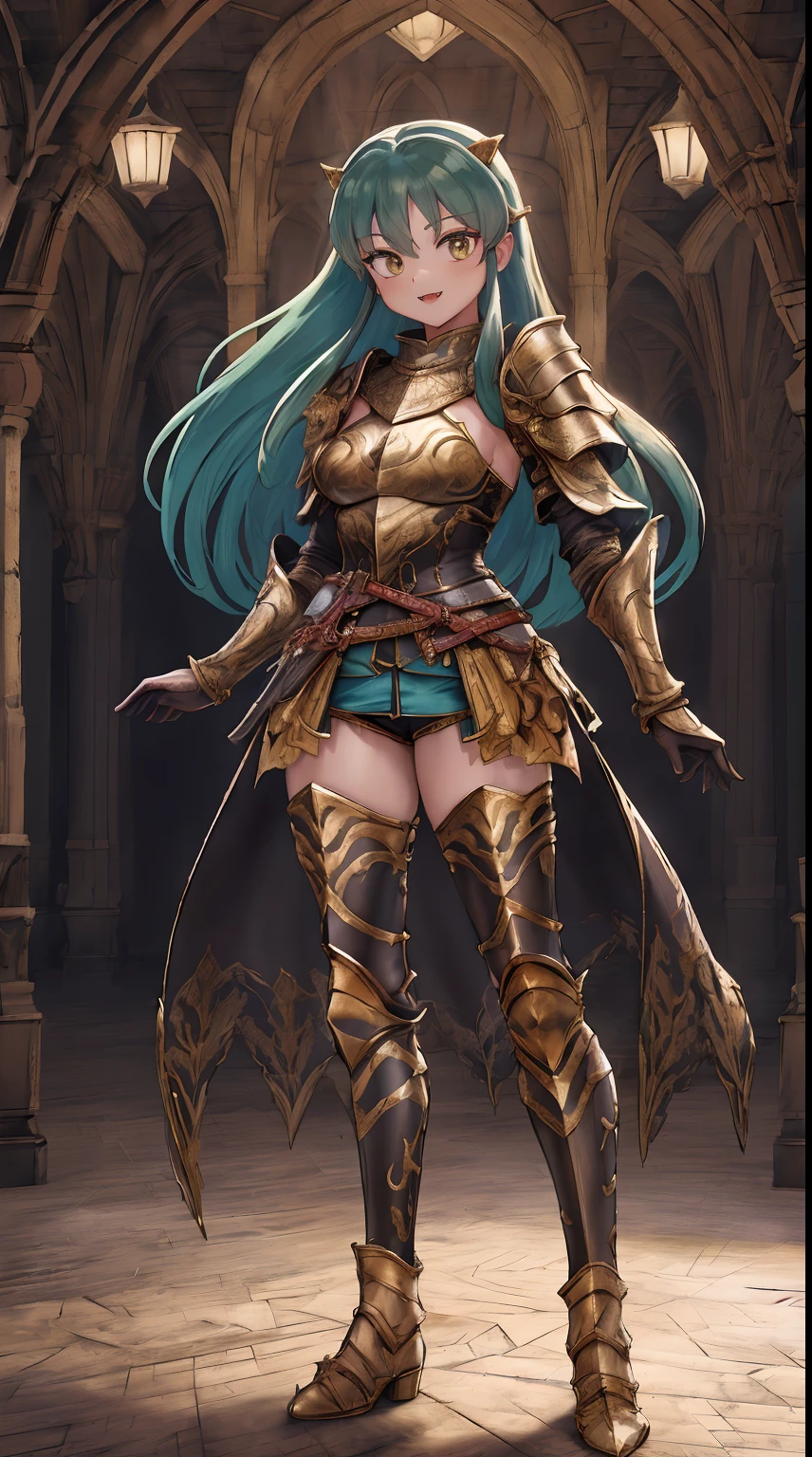 masterpiece, best quality,medieval armor, corset, breastplate,lum, , urusei yatsura, cloak, pants, pullover, kimono,martial pov,, pantyhose, sharpteeth, standing,smile, matial art,, full body, boots , pant, medium breast, pants, pullover,martial pov,god rays, ray tracing, sparkle, cinematic lighting, UHD, retina, masterpiece, ccurate, anatomically correct, textured skin, super detail, high details, high quality, award winning, best quality, highres, 1080P, HD, 4K, thunder aura, light aura