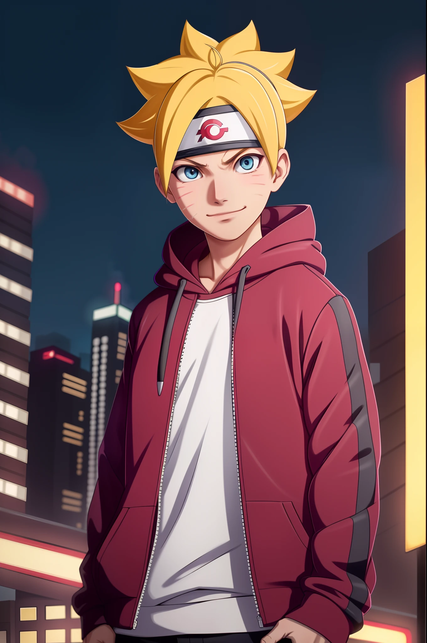 masterpiece, ultra-detailed, 1boy, male focus, upper body shot, Uzumaki Boruto wearing maroon Streetwear Hoodie, yellow hair, Blue eyes, look at viewer, happy face, vibrant colors, cityscape background, dinamic lighting, highly detailed face, stylish, urban style, cool attitude, bokeh, blurry background,