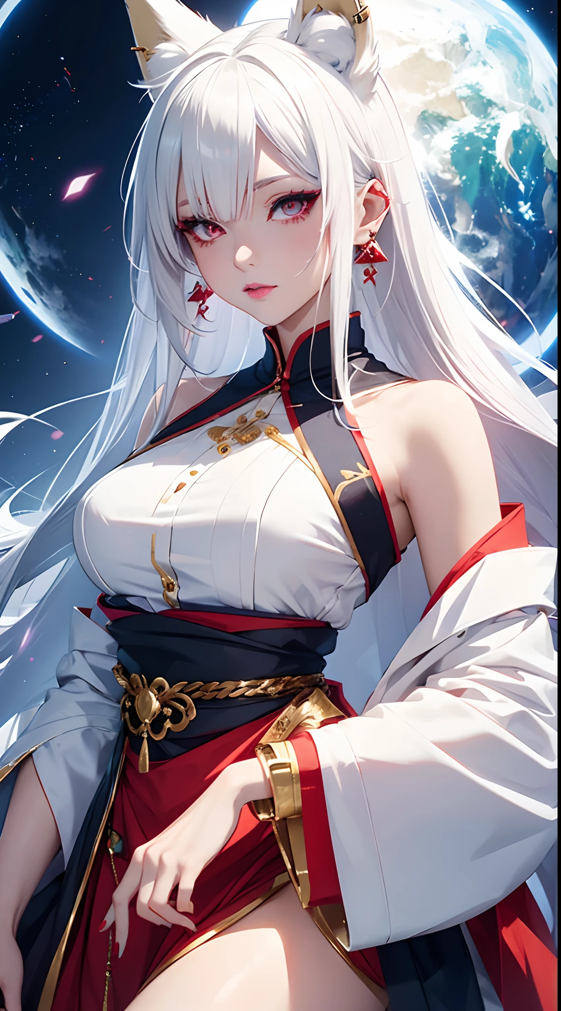 White haired anime girl with fox ears, blue lipstick, red eye liner, golden earrings, Japanese clothes, jewelry, 1 girl, ultra detailed, masterpiece, dynamic shot.