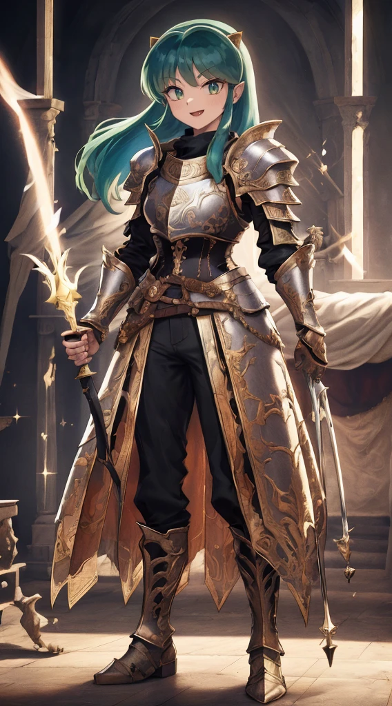 masterpiece, best quality,medieval armor, corset, breastplate,lum, , urusei yatsura, cloak, pants, pullover, kimono,martial pov,, pantyhose, sharpteeth, standing,smile, matial art,, full body, boots , pant, medium breast, pants, pullover,martial pov,god rays, ray tracing, sparkle, cinematic lighting, UHD, retina, masterpiece, ccurate, anatomically correct, textured skin, super detail, high details, high quality, award winning, best quality, highres, 1080P, HD, 4K, thunder aura, light aura