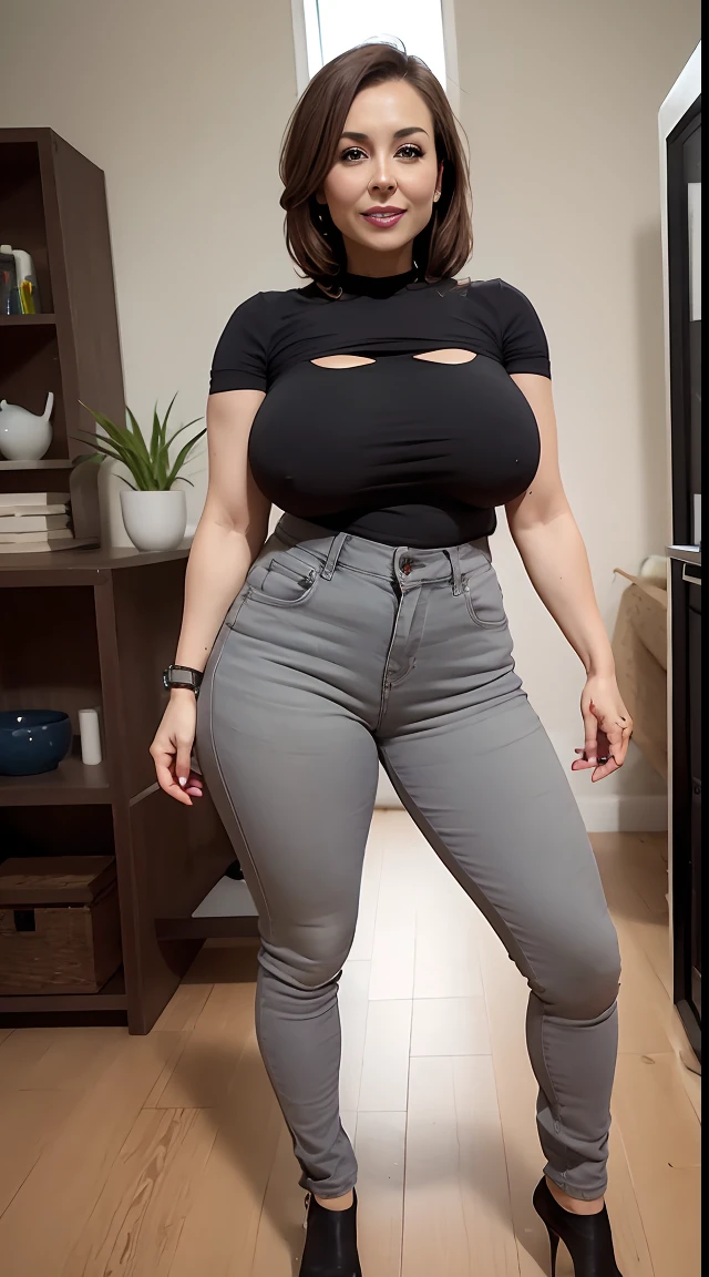 A Sexy Woman 45 Years Old Sexy Big Breasts Athletic Bodysuit Jeans One Showing Part Of Breasts Light Hair Gray Mind NSFW