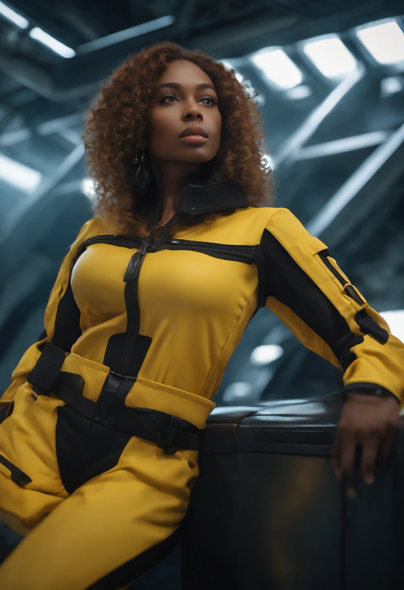 RAW, Masterpiece, Super Fine Photo, Ultra High Resolution, Photorealistic, Sunlight, Full Body Portrait, Stunningly Beautiful, Dynamic Poses, Delicate Face, Vibrant Eyes, solo, deep ebony 1girl, black girl, beautiful face, curly afro hair, black lips, a female character is wearing a yellow and black colored outfit with a backpack and a yellow hoodie jacket, black, yellow and white sports leisure, yellow futuristic smart goggles, clear lens, green eyes, long hair, diamond earrings, cybernetically enhanced, medium breasts, she is standing in front of spaceships and satellites, starry night sky, pigeoncore, neo-dadaist, Asuka Langley, neon genesis EVA suit, mechanized precision, space crew member, she holds an important position, in crowd spectator at a tech conference in the style of mecha sci-fi anime, 8k, best quality, highres, Unreal Engine:1.4,Ultra-realistic 64K CG, Photorealista:1.4, Skin Texture:1.4, Volumetric fog, 8k uhd, dslr, high quality, film grain, fair skin, photorealism, lomography, sprawling metropolis in a futuristic dystopia, view from below, translucent