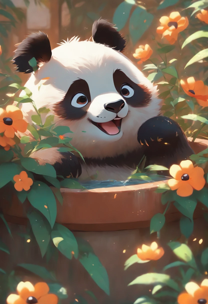 A cute panda lying on his stomach in a flower pot,has big eyes,Blushlush,Lazy,greet,high detal