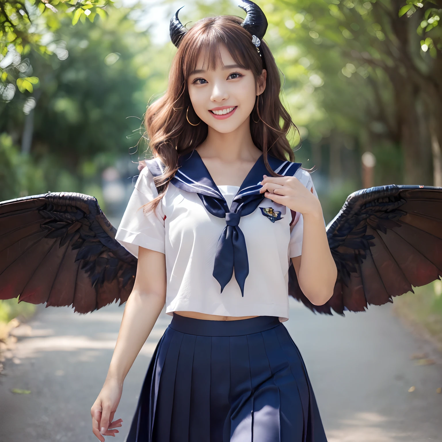 (((masutepiece、top-quality、Depiction of the most intricate and detailed details)))、(Her eyes glow red)、((1 schoolgirl、Wearing a sailor suit、School Sailor Uniform、Perfect sailor suit、Red ribbons、Navy skirt))、((Huge and intricate demon wings,Wings with a very elaborate texture,Wings with a very complex texture,Creature wings with a very realistic texture,Wings of a terrifying monster,Terrible and ugly wings、The most terrifying wings、Big Devil's Horn,Realistic and big horns,Creepy horns,Horn with a very elaborate texture、Terrible and ugly horns、((The background is the route to school、Walking along the school route surrounded by nature、Walking on the way to school))、8K,An ultra-high picture quality,The most beautiful idol faces,Mature Face、The biggest smile staring at the camera、美丽的面容、Beautiful teeth、natural make up、Natural bright lighting、long、waved hair、Classy wavy hair