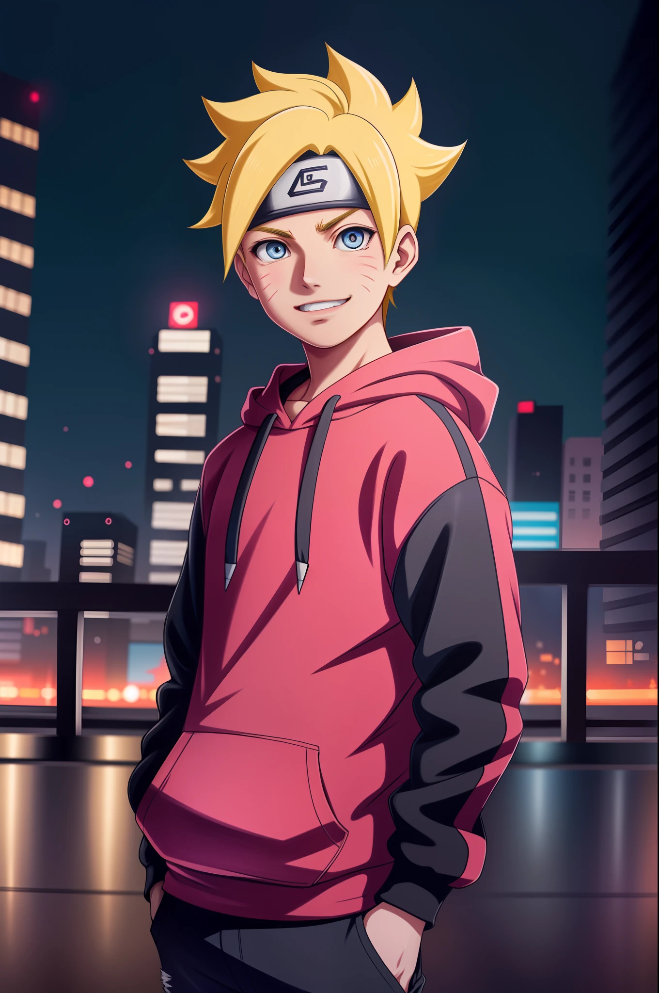 masterpiece, ultra-detailed, 1boy, male focus, upper body shot, Uzumaki Boruto wearing maroon Streetwear Hoodie, yellow hair, Blue eyes, look at viewer, happy face, vibrant colors, cityscape background, dinamic lighting, highly detailed face, stylish, urban style, cool attitude, bokeh, blurry background,