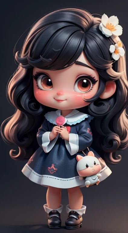 Create a series of cute baby chibi style loli dolls with a cute forest theme, sorridente e fofa, each with lots of detail and in an 8K resolution. All dolls should follow the same solid background pattern and be complete in the image, mostrando o (corpo inteiro, incluindo as pernas: 1.5)

Boneca fada: Chame-a de Snow White. She should have medium, wavy black hair, with a red bow on his head. Seus olhos devem ser grandes e brilhantes, with long eyelashes and rosy cheeks. Snow White deve estar vestida com um com um vestido de princesa azul detalhado. She ain't got no accessories in her hands. Don't forget the details, com detalhes coloridos e enfeites encantadores, sapato bonito

Certifique-se de adicionar sombras, texturas e detalhes nos cabelos, roupas de cada boneca, to make them even more adorable and charming.