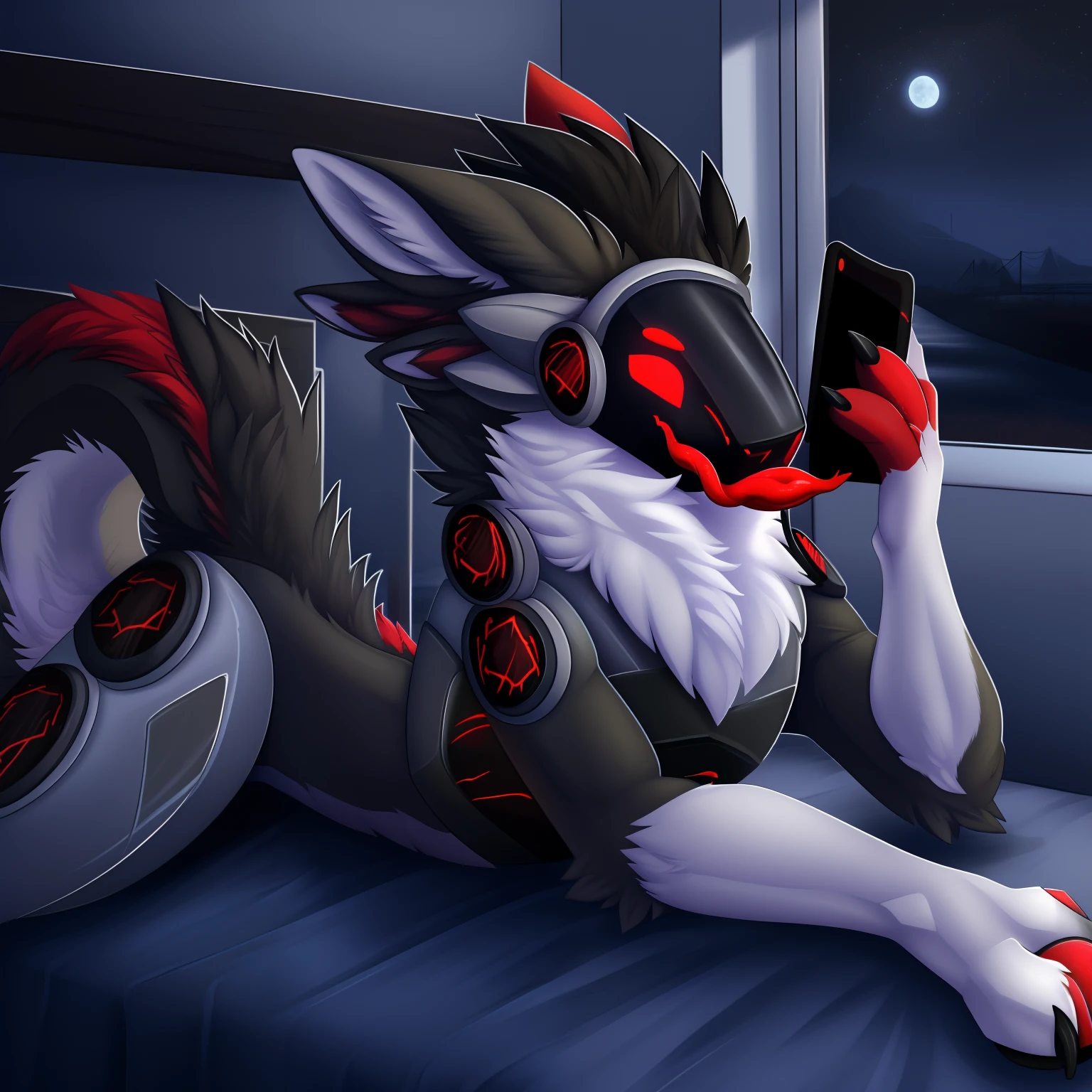 Protogen, White fur and red eyes, Soft coat, Detailed Body, Sexy Pose, Pick up your phone, Dark Night, sao, Twilight, Lie down on the bed, Sticking out your tongue