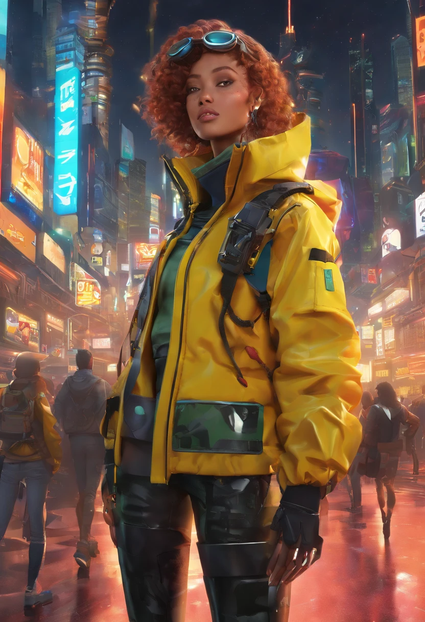 RAW, Masterpiece, Super Fine Photo, Ultra High Resolution, Photorealistic, Sunlight, Full Body Portrait, Stunningly Beautiful, Dynamic Poses, Delicate Face, Vibrant Eyes, solo, deep ebony 1girl, black girl, beautiful face, curly afro hair, black lips, a female character is wearing a yellow and black colored outfit with a backpack and a yellow hoodie jacket, black, yellow and white sports leisure, yellow futuristic smart goggles, clear lens, green eyes, long hair, diamond earrings, cybernetically enhanced, medium breasts, she is standing in front of spaceships and satellites, starry night sky, pigeoncore, neo-dadaist, Asuka Langley, neon genesis EVA suit, mechanized precision, space crew member, she holds an important position, in crowd spectator at a tech conference in the style of mecha sci-fi anime, 8k, best quality, highres, Unreal Engine:1.4,Ultra-realistic 64K CG, Photorealista:1.4, Skin Texture:1.4, Volumetric fog, 8k uhd, dslr, high quality, film grain, fair skin, photorealism, lomography, sprawling metropolis in a futuristic dystopia, view from below, translucent