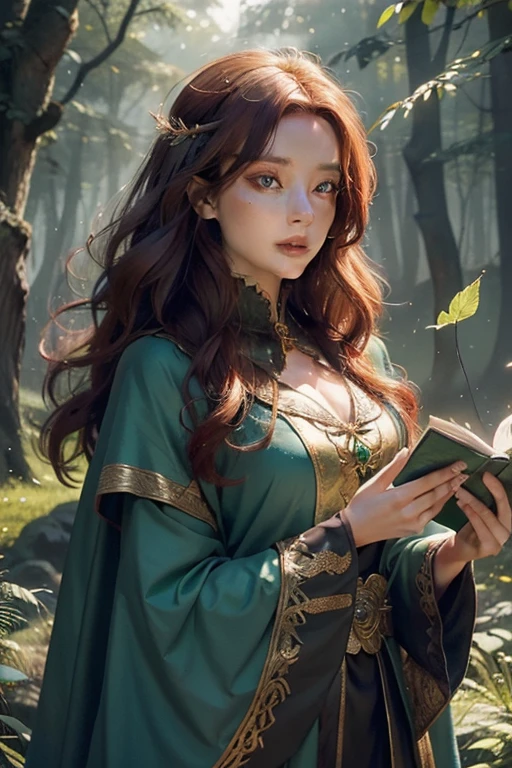 Perfect lens,Intricate details,Soft Light,Detailed forest background,Real forest,Real flowers,Real animals,Empty meadows,Fiery sun,Intricate lace skirt,Perfect face,Real face,colorful wreath,Blush,Beauty,Brown hair blown by the wind,Green glowing bright eyes,Three-dimensional facial features,Large Breasts,Fair skin,Blue Jade Bracelet,Glowing Emerald Necklace,Strong light and shadow,Perfect body proportions,Girl sitting on a stone and reading a book