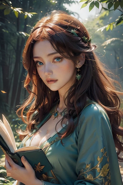 (Best Quality,hight resolution,Vivid colors),Beautiful detailed green eyes, beautiful detailed lips,Extremely detailed eyes and face,Redhead,Stunning beauty,fine complexion,,The Enchanted Forest,sorcery,sunny atmosphere,Mysterious Vibes,Floating leaves,Glowing Book of Spells,Sparkling Wand,Dark Robe,captivating gaze,Ancient knowledge,incantation,Magic potions,silhouette,Moonlit night,Sorceress in sunshine,