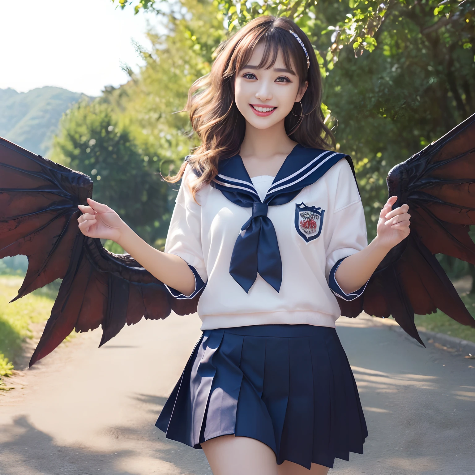 (((masutepiece、top-quality、Depiction of the most intricate and detailed details)))、(Her eyes glow red)、((1 girl、Wearing a sailor suit、School Sailor Uniform、Perfect sailor suit、Red ribbons、Navy skirt))、((Huge and intricate demon wings,Wings with a very elaborate texture,Wings with a very complex texture,Creature wings with a very realistic texture,Wings of a terrifying monster,Terrible and ugly wings、The most terrifying wings、Big Devil's Horn,Realistic and big horns,Creepy horns,Horn with a very elaborate texture、Terrible and ugly horns、((The background is the route to school、Walking along the school route surrounded by nature、Walking on the way to school))、8K,An ultra-high picture quality,The most beautiful idol faces,Mature Face、The biggest smile staring at the camera、美丽的面容、Beautiful teeth、natural make up、Natural bright lighting、long、waved hair、Classy wavy hair