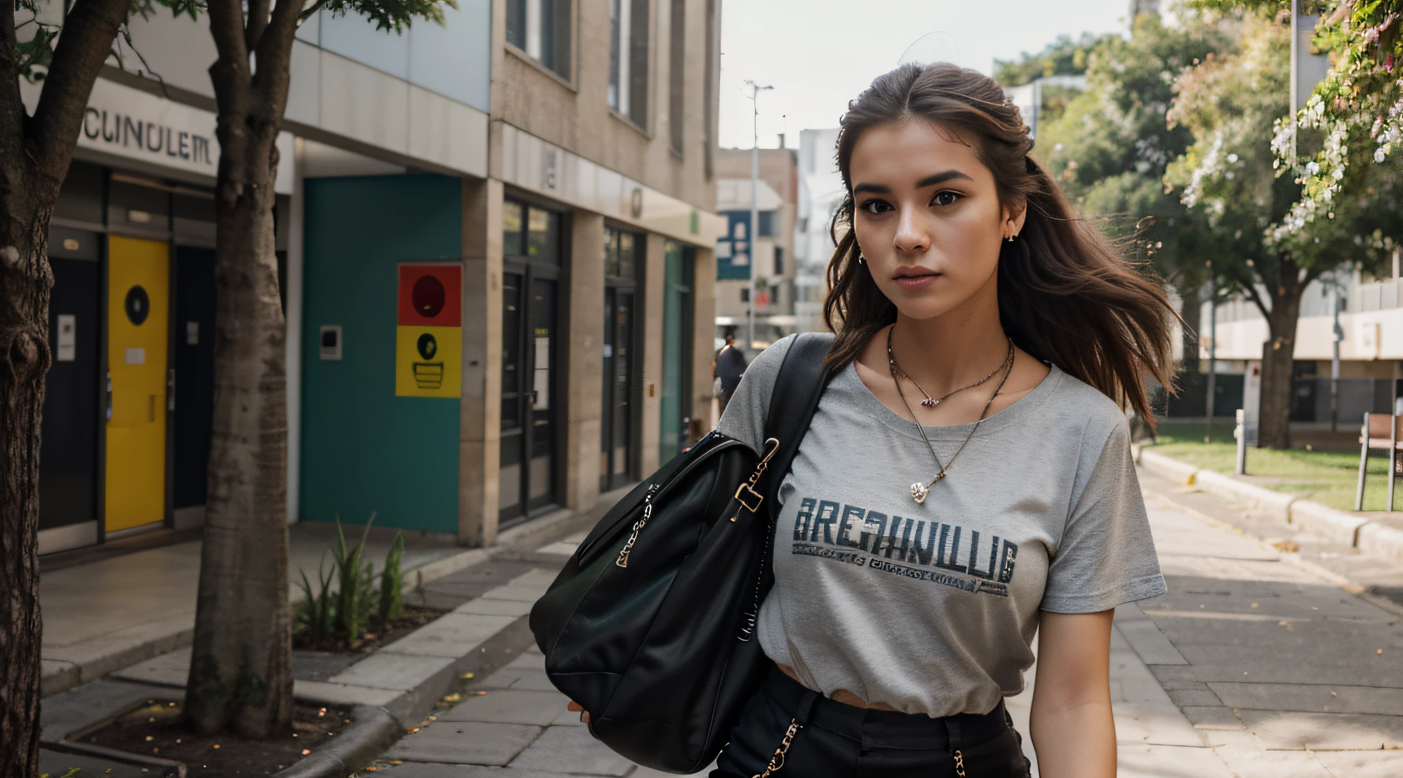 Generate an image of a Brazilian student strolling confidently through a busy university campus. she is tall and slender, com curta marcante, cabelo loiro platinado, who exudes a rebellious spirit;. Her captivating light brown eyes reveal determination and curiosity.

She's dressed in a loose, blusa verde, uma cor que complementa seu comportamento sem rodeios. Nas costas dela, ela carrega um colorido, mochila inspirada no punk-rock, reflecting his unique style. Enquanto ela caminha, She carries a stack of graphite-covered books in one hand, showcasing your passion for literature, And she holds a modern set of wireless earbuds around her neck.

This distinguished student embodies the spirit of a particular student., Book-loving punk on his academic journey, Navigating with confidence in the lively atmosphere of the university campus.