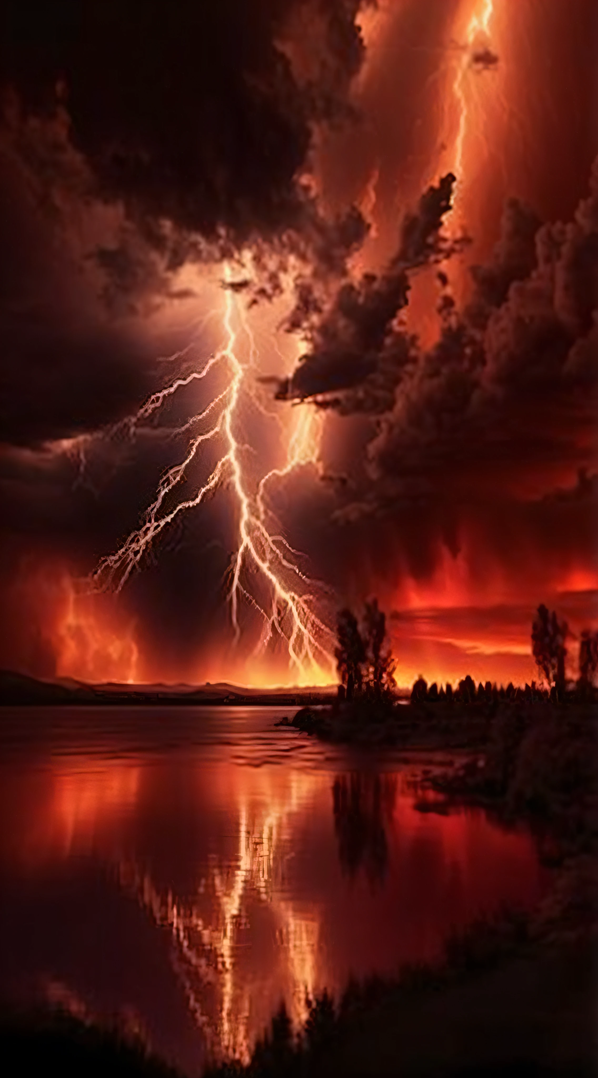 a lightning storm is seen over a lake with a red sky, thunderstorm and fire, red stormy sky, dramatic lightening, epic clouds and lighting, dramatic reddish light, in a lighting storm, red lightning!!, beautiful lightning, lightning storms, extremely dramatic lighting, beautiful and ominous, lightning storm, amazing lightning, fire storm, epic clouds and godlike lighting