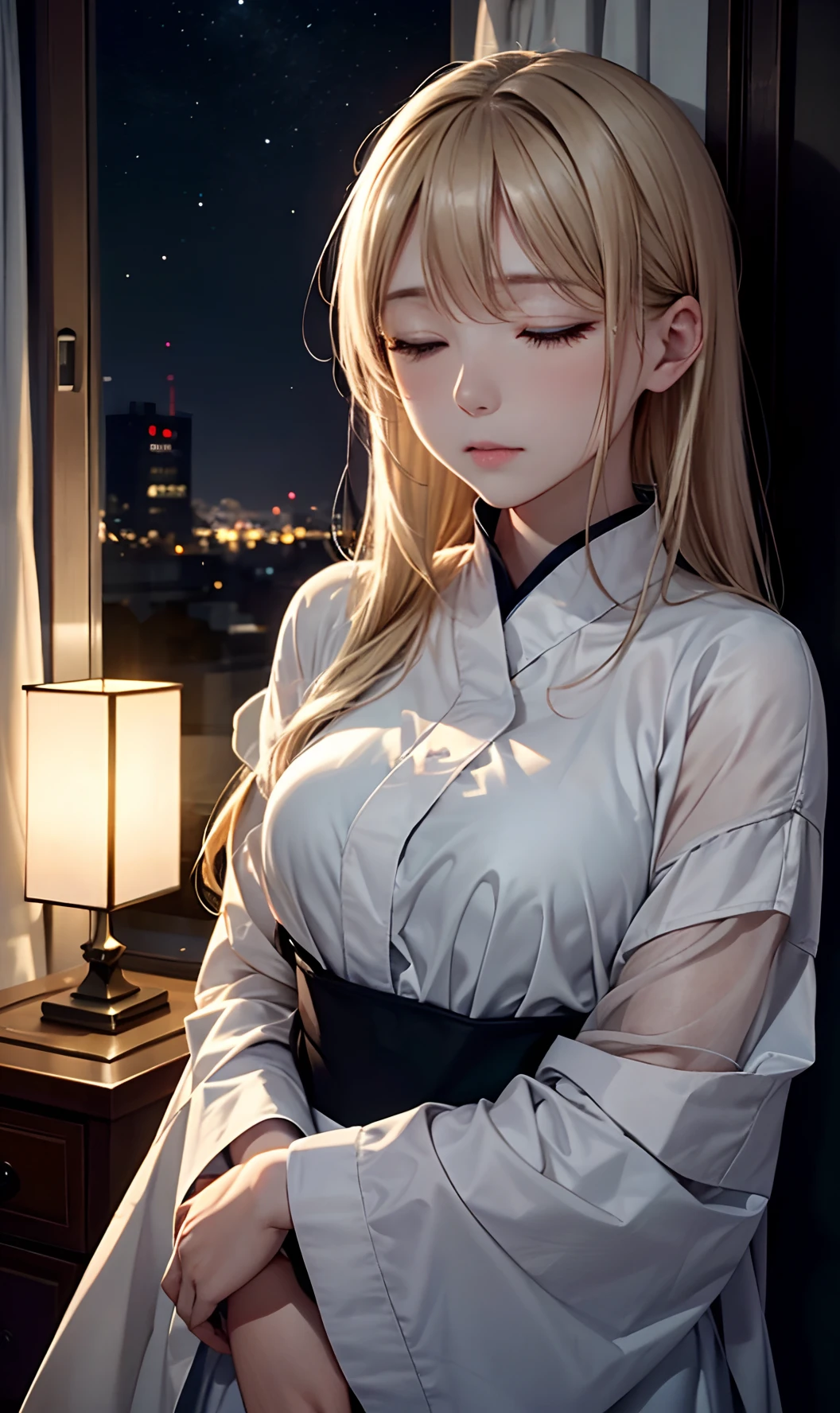 In a serene, Long blonde woman sleeping on bed in bedroom. Her eyes, Quietly closed, The air of silence in the room. Outside, From a nearby window, appearing。 (Night Moon), Painting the world with a gentle glow, Midnight Dawn. Inside, The room is dimly lit, (Dim lighting) aura, Enveloped in the silence of the moonlight. This atmosphere, accompany (Gentle night air), Quietly flowing around, Enveloping a woman wrapped in a cocoon of silence、Rest in peace、An air of silence
