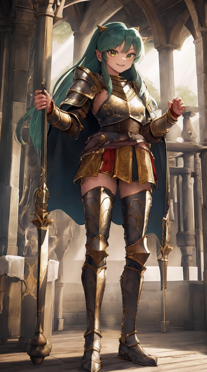 masterpiece, best quality,medieval armor, corset, breastplate,lum, , urusei yatsura, cloak, pants, pullover, kimono,martial pov,, pantyhose, sharpteeth, standing,smile, matial art,, full body, boots , pant, medium breast, pants, pullover,martial pov,god rays, ray tracing, sparkle, cinematic lighting, UHD, retina, masterpiece, ccurate, anatomically correct, textured skin, super detail, high details, high quality, award winning, best quality, highres, 1080P, HD, 4K, thunder aura, light aura