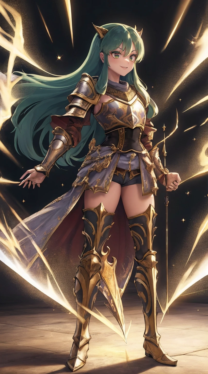 masterpiece, best quality,medieval armor, corset, breastplate,lum, , urusei yatsura, cloak, pants, pullover, kimono,martial pov,, pantyhose, sharpteeth, standing,smile, matial art,, full body, boots , pant, medium breast, pants, pullover,martial pov,god rays, ray tracing, sparkle, cinematic lighting, UHD, retina, masterpiece, ccurate, anatomically correct, textured skin, super detail, high details, high quality, award winning, best quality, highres, 1080P, HD, 4K, thunder aura, light aura