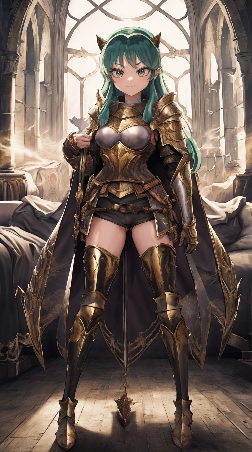 masterpiece, best quality,medieval armor, corset, breastplate,lum, , urusei yatsura, cloak, pants, pullover, kimono,martial pov,, pantyhose, sharpteeth, standing,smile, matial art,, full body, boots , pant, medium breast, pants, pullover,martial pov,god rays, ray tracing, sparkle, cinematic lighting, UHD, retina, masterpiece, ccurate, anatomically correct, textured skin, super detail, high details, high quality, award winning, best quality, highres, 1080P, HD, 4K, thunder aura, light aura