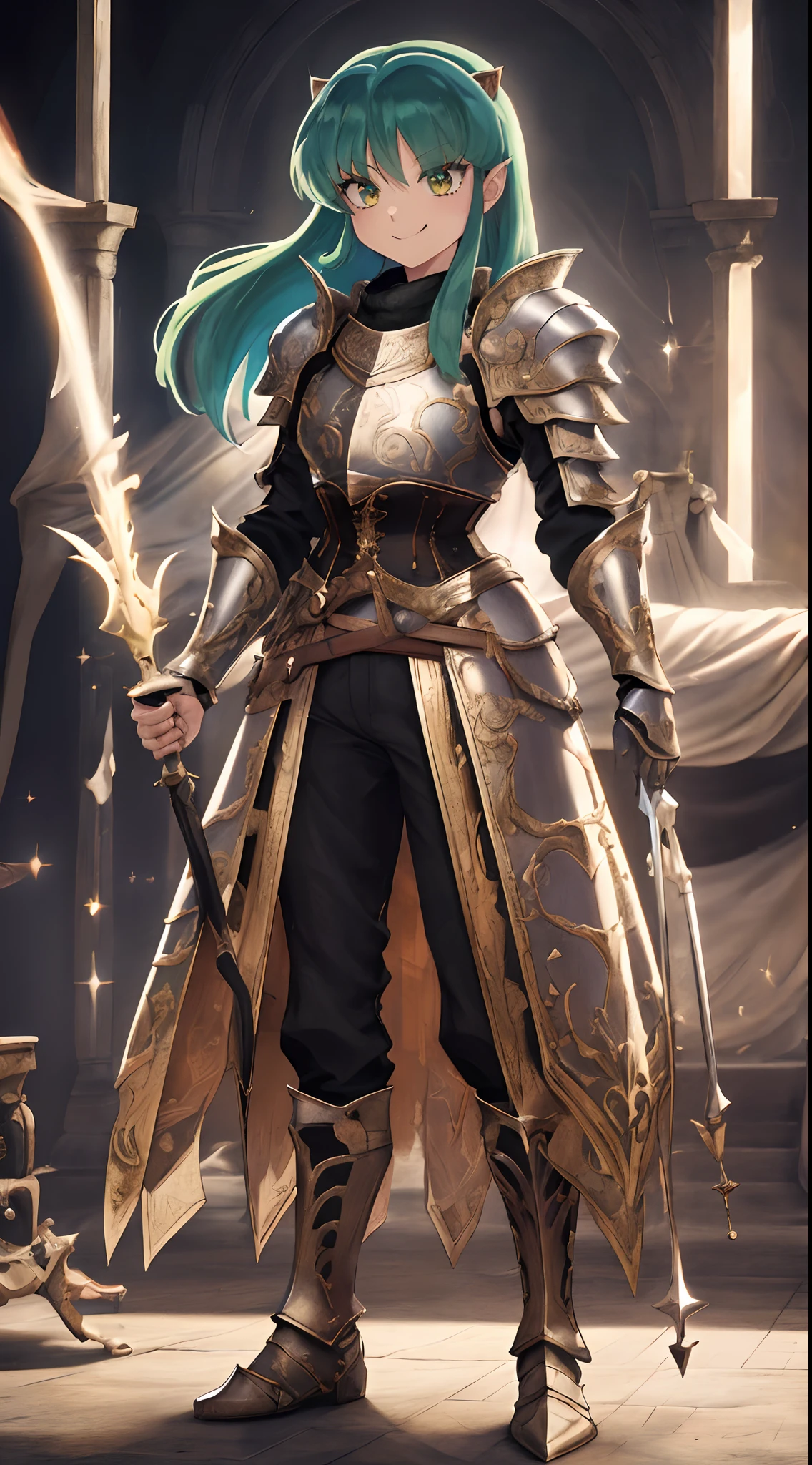 masterpiece, best quality,medieval armor, corset, breastplate,lum, , urusei yatsura, cloak, pants, pullover, kimono,martial pov,, pantyhose, sharpteeth, standing,smile, matial art,, full body, boots , pant, medium breast, pants, pullover,martial pov,god rays, ray tracing, sparkle, cinematic lighting, UHD, retina, masterpiece, ccurate, anatomically correct, textured skin, super detail, high details, high quality, award winning, best quality, highres, 1080P, HD, 4K, thunder aura, light aura