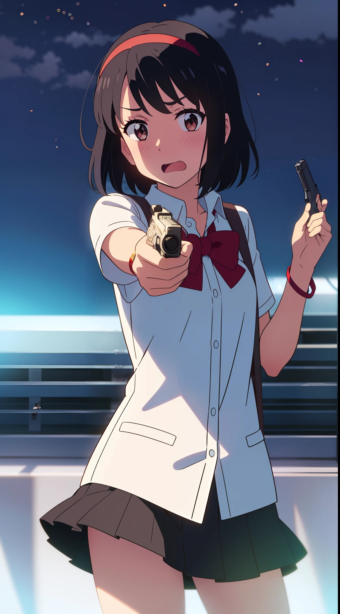 shinkai makoto, kimi no na wa., 1girl, bangs, black hair, blush, brown eyes, Suspender Clothes, looking at the viewer, Clavicle, red bow, red headband, red ribbon, short hair, cute, solo, skirt, short sleeves, open mouth, Night, Nightview, Outdoors, Fighting Stance, Despair Face, bracelet, ((aiming at the viewer with a gun)), one pistol, ((holding a handgun)), perfect hands, cowboy shot