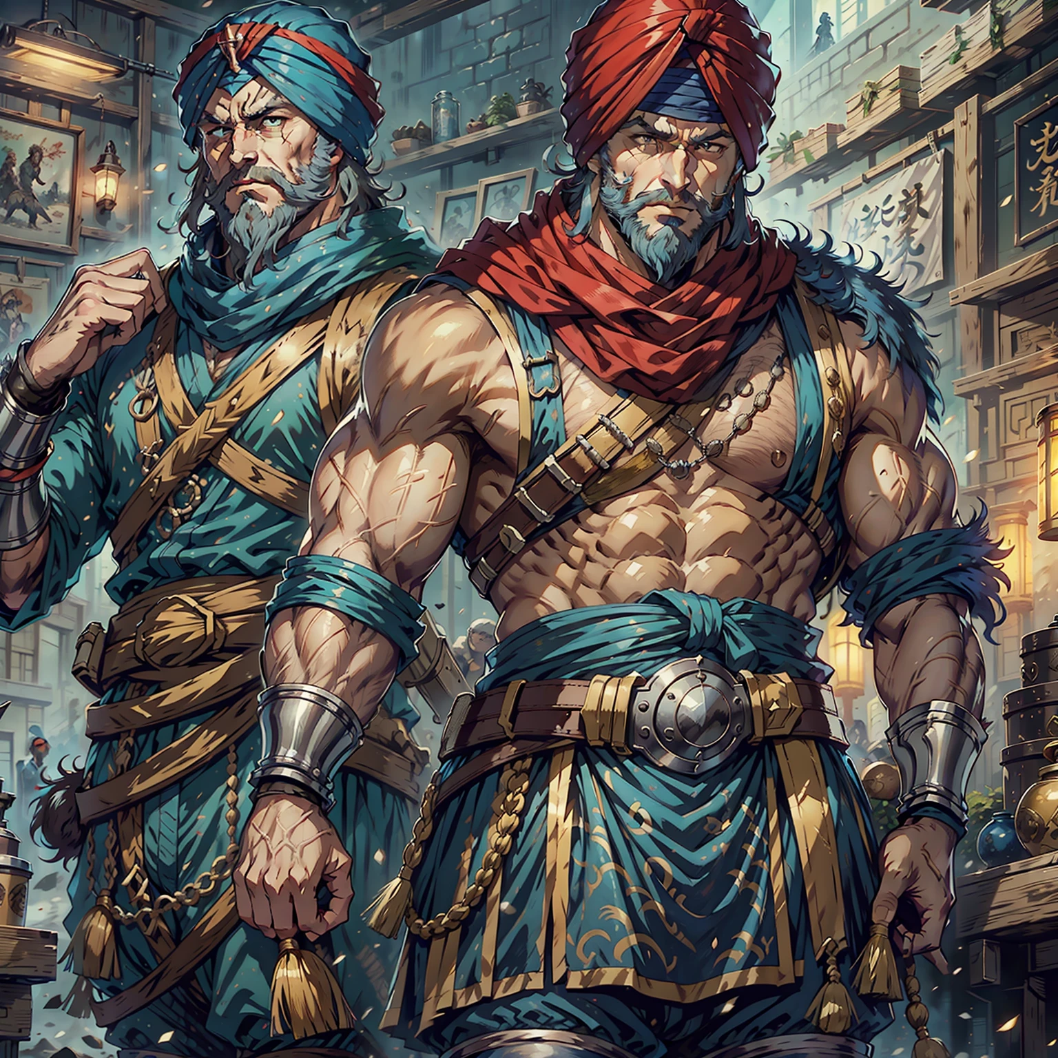 Turban Rouge Armure Islamique Porter Visage Effrayant Hokuto No Ken Structure Visage Musclé Kenshiro Diriger des troupes Armée de démons pour combattre Détails pointus Cinématiques Film épique Hyper réaliste Film légendaire Film épique Visages très détaillés Personnages dramatiques