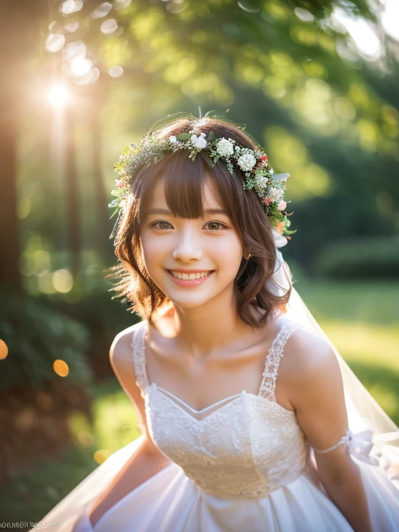 ((masterpiece)), ((best quality)), (ultra-detailed), ((kawaii)), cute, (lovely), ((sexy)), (ero), ((extremely detailed)), 4K, (8K), best quality, (beautiful), realistic, real, look down from above, church, forest, morning, a little girl, child, solo, bride, June bride, beautiful light brown hair, ((beautiful eyes)), short hair, garter belt, flower bouquet, light smile, blush, lens flare, wind effect