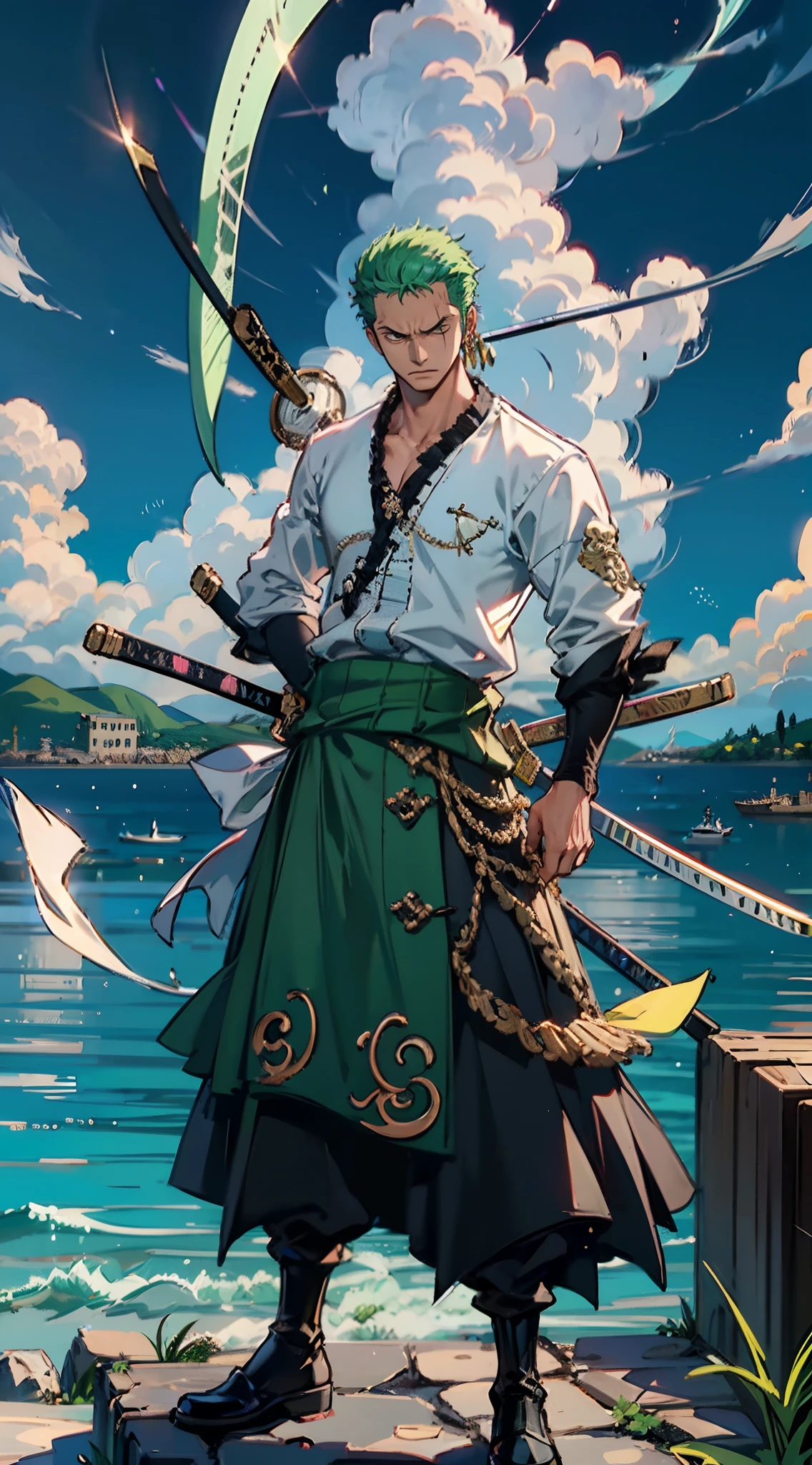 (Qualidade 4k),Roronoa Zoro, 1 ******, segurando espada, Pose de batalha, blue skies, de terno e gravata, serious face, ((Posar: espada))