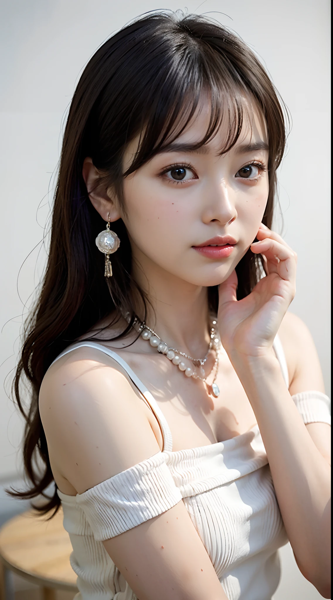 20 year old korean girl, Korean Idol Pop Stars, beautifull face, beautidful eyes, face light(natta:1.1),(Extremely detailed CG unity 8k wallpaper), (Masterpiece), (Best Quality), (Ultra-detailed), (HDR:1.4), Longhaire, off_shoulder, see -through, booty_Shorts,(side_Slit:0.6), Glamour, bulky_pectorals, Viewer's Gaze, Full Body Shot, perfect body proportions, perfect hand, perfect fingers, Professional Shading, skiny,Seductive Face, frontal view, Wit Studio Indirect Lighting,Amazing drawn pictures,Best Illustration Performance, Masterpiece, adorable face,pearls,bright,incandescent,White skin,natta_vista_Background with,charming.,sunshine,Face to face,blushing,aqua_Earrings,necklaces,glove,Real Hands,enhance,DetailPace,DetailEyes