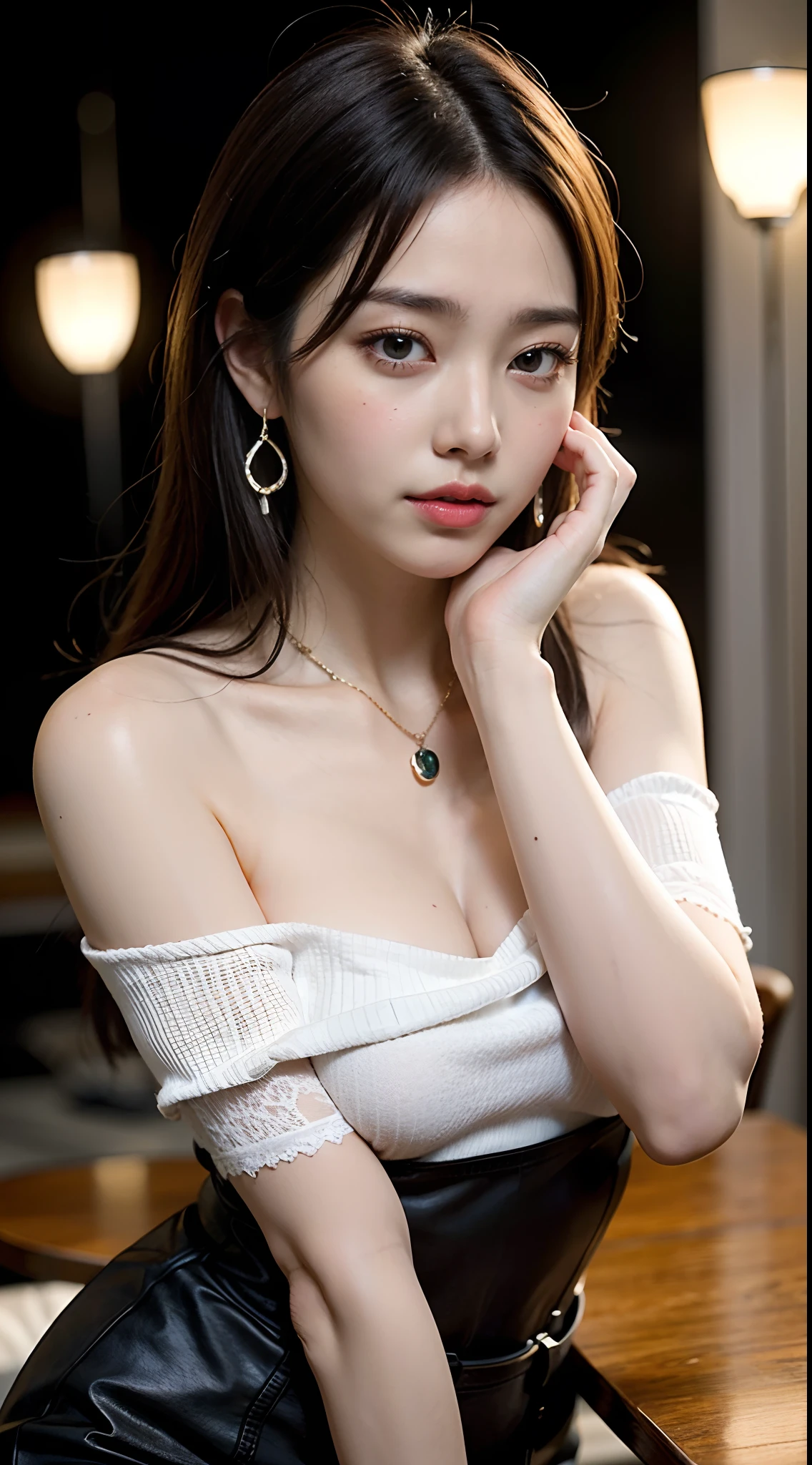 20 year old Korean girl, korean idol pop star, beautiful face, beautiful eyes, face light(night:1.1),(extremely detailed CG unity 8k wallpaper), (masterpiece), (best quality), (ultra-detailed), (hdr:1.4), longhair, off_shoulder, see-through, booty_shorts,(side_slit:0.6), glamour, huge_breasts, facing towards viewer, full body shot, perfect body ratio, perfect hands, perfect fingers, expert shading, skinny,alluring face, front-view, wit studio indirect lighting,amazing drawn illustration,best illustrative performance, masterpiece, A Lovely face,pearly,bright,incandescent,white skin,night_view_background,cute looking,sunshine,face to face,blushing,aqua_earrings,necklace,gloves,realhands,Enhance,Detailedface,Detailedeyes