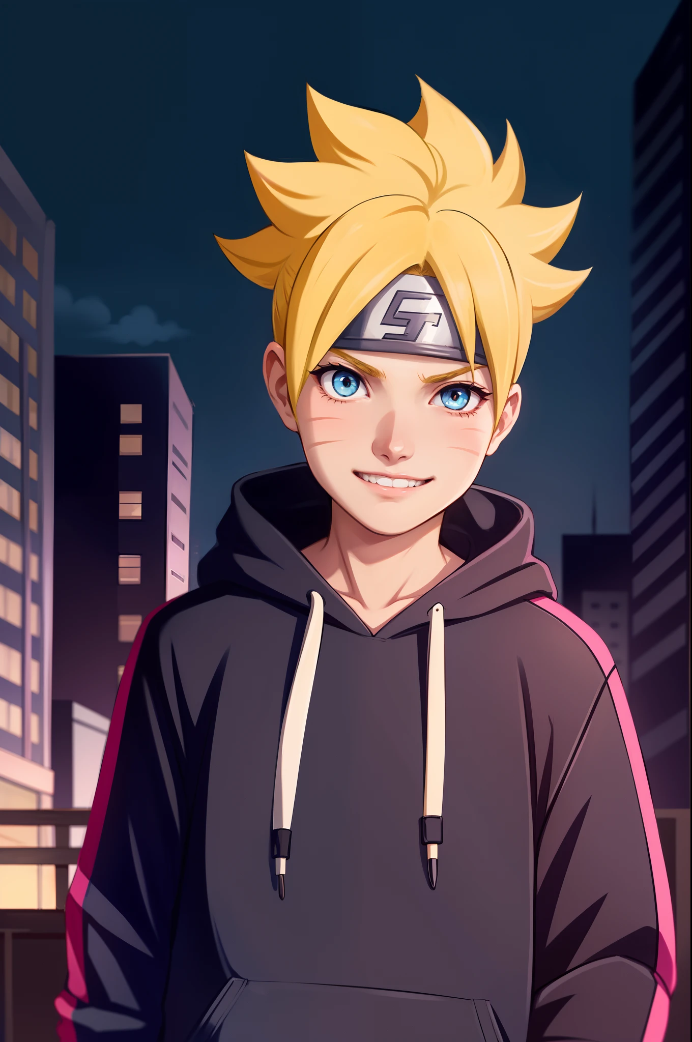 masterpiece, ultra-detailed, 1boy, male focus, upper body shot, Uzumaki Boruto wearing maroon Streetwear Hoodie, yellow hair, Blue eyes, look at viewer, happy face, vibrant colors, cityscape background, dinamic lighting, highly detailed face, stylish, urban style, cool attitude, bokeh, blurry background,