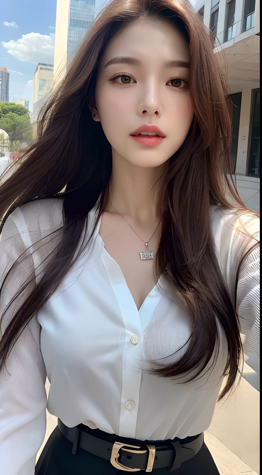(Best quality, High resolution, Masterpiece :1.3), A tall and pretty woman, Slender abs, Dark brown hair styled in loose waves, Breasts, Wearing pendant, White button up shirt, Belt, Black skirt, (Modern architecture in background), Details exquisitely rendered in the face and skin texture, Detailed eyes, Double eyelid