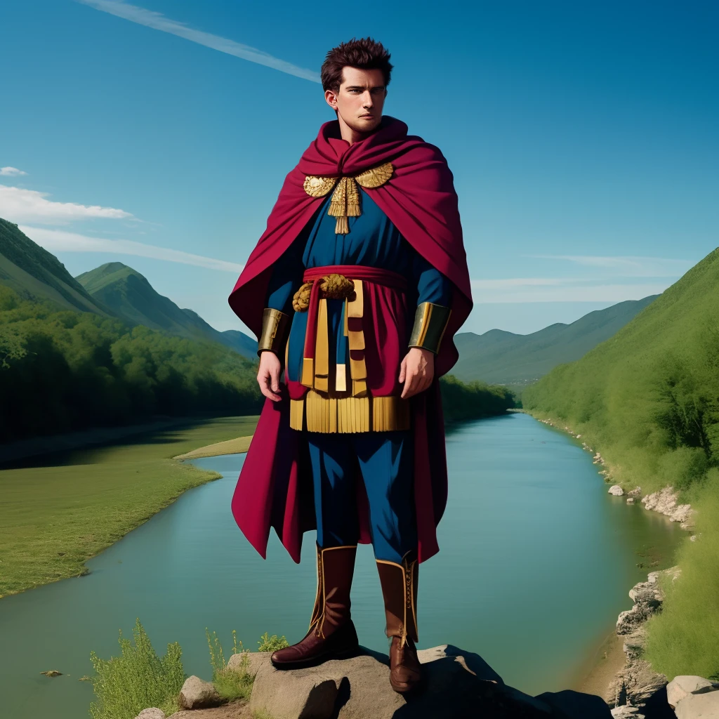 Caesar, cloaked in determination, poised at the edge of the river, with his men behind him.