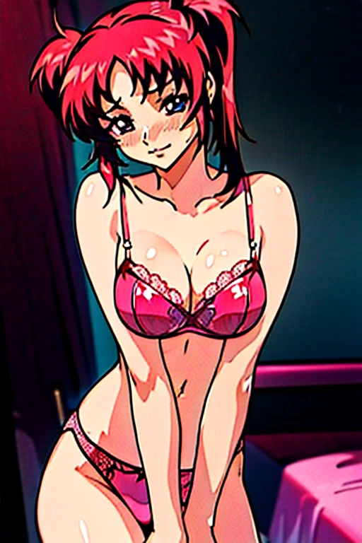 Meilin Hawk、Twin-tailed red hair、very large udder、huge tit、爆乳、Upper body naked、Beautiful light pink nipples with erections、Beautiful light pink areola、Light pink lace panties、beauty legs、natta、hangar、blushed face、Moist eyes、Seduce a man、Shuttered doors、The dim、high ceilings、Male figure、Show off your breasts、Stripped bra、