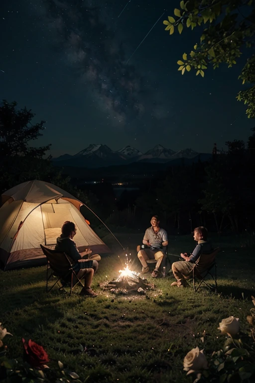 pinterest banner Expansive landscape photograph，（look from down，Above is the sky，Below is an open lawn），Triangle tent，A young couple looking at the stars，starrysky，（moon full：1.2），（meteors：0.9），（Starcloud：1.3），Triangle tent，Hillside camping tents, bonfires, luz de velas，Rose blanche，Other details,Far Mountain, Tree BREAK making art，（Warm light source：1.2），（glowworm：1.2），lamp lights，Lots of purple and orange，Complicated details，Volumetriclighting，Realism BREAK，Natural elements in camping theme。Mysterious mountain view，Beautiful summer night sky，great outdoors，Surrounded by white roses，Delicate leaves and branches are surrounded by fireflies（nature elements），（"camping" Theme），（glowworm），（Particle effect）and other 3D， Octane rendering，Ray traching，Super meticulous