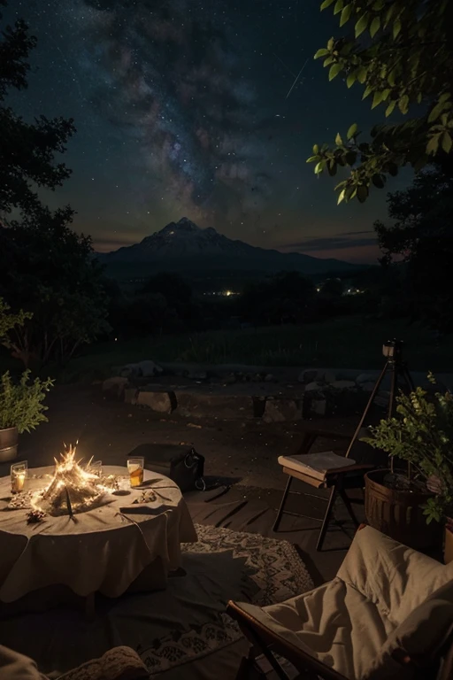 pinterest banner Expansive landscape photograph，（look from down，Above is the sky，Below is an open lawn），Triangle tent，A young couple looking at the stars，starrysky，（moon full：1.2），（meteors：0.9），（Starcloud：1.3），Triangle tent，Hillside camping tents, bonfires, luz de velas，Rose blanche，Other details,Far Mountain, Tree BREAK making art，（Warm light source：1.2），（glowworm：1.2），lamp lights，Lots of purple and orange，Complicated details，Volumetriclighting，Realism BREAK，Natural elements in camping theme。Mysterious mountain view，Beautiful summer night sky，great outdoors，Surrounded by white roses，Delicate leaves and branches are surrounded by fireflies（nature elements），（"camping" Theme），（glowworm），（Particle effect）and other 3D， Octane rendering，Ray traching，Super meticulous