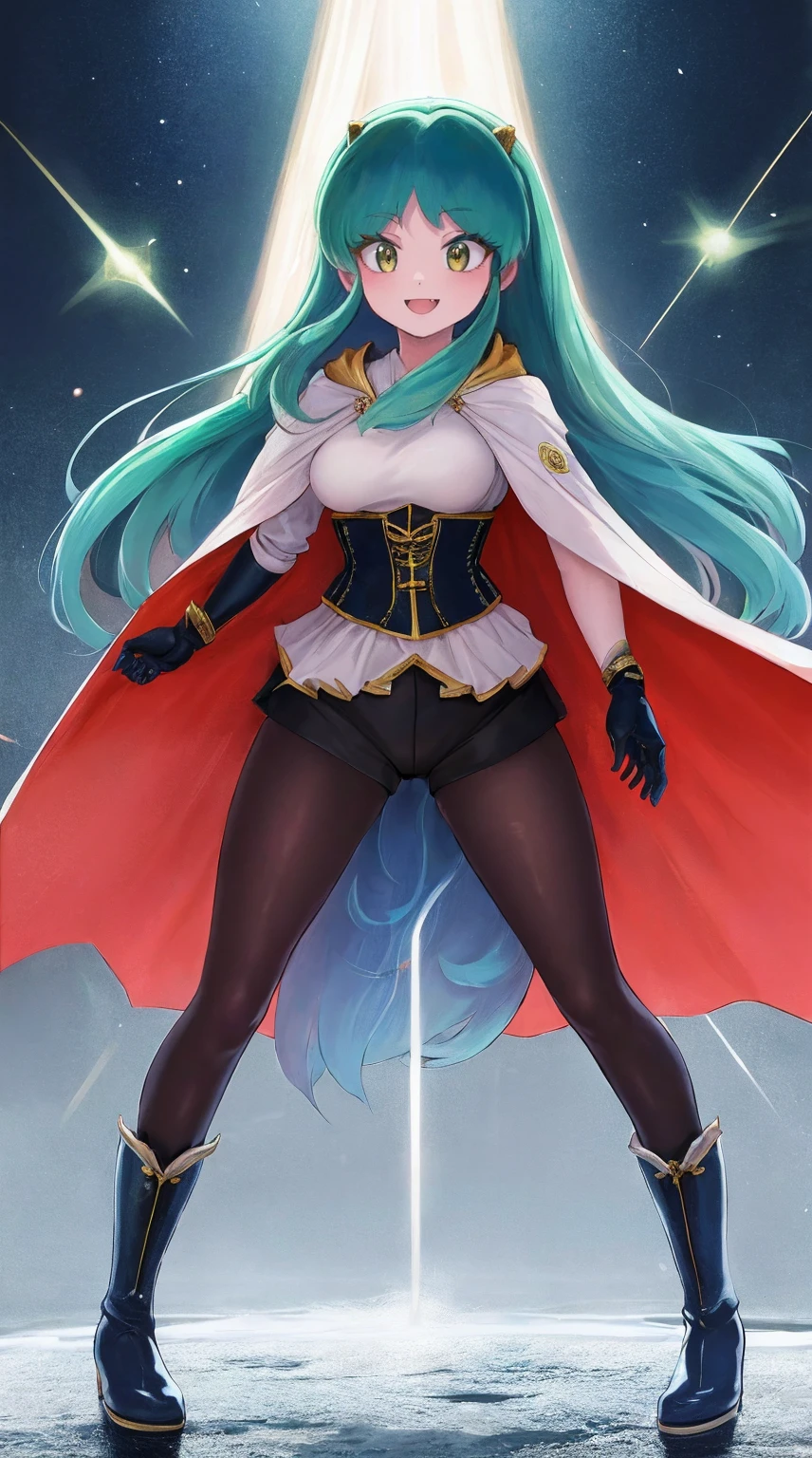 masterpiece, best quality,, corset, breastplate,lum, , urusei yatsura, cloak, pants, pullover kimono,martial pov,, pantyhose, sharpteeth, standing,smile, matial art,, full body, boots , pant, medium breast, pants, pullover,martial pov,god rays, ray tracing, sparkle, cinematic lighting, UHD, retina, masterpiece, ccurate, anatomically correct, textured skin, super detail, high details, high quality, award winning, best quality, highres, 1080P, HD, 4K, thunder aura, light aura