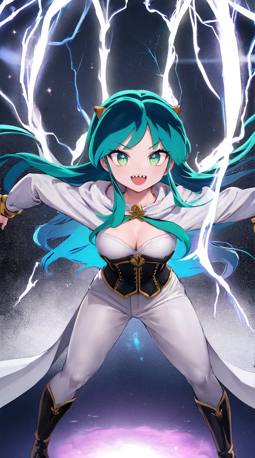 masterpiece, best quality,, corset, breastplate,lum, , urusei yatsura, cloak, pants, pullover kimono,martial pov,, pantyhose, sharpteeth, standing,smile, matial art,, full body, boots , pant, medium breast, pants, pullover,martial pov,god rays, ray tracing, sparkle, cinematic lighting, UHD, retina, masterpiece, ccurate, anatomically correct, textured skin, super detail, high details, high quality, award winning, best quality, highres, 1080P, HD, 4K, thunder aura, light aura