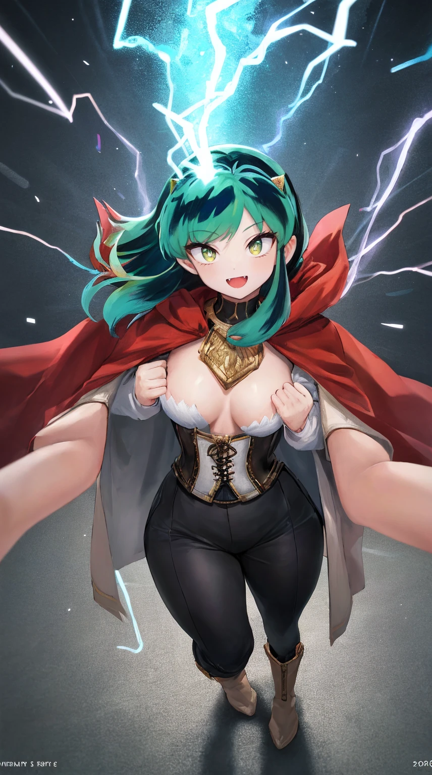 masterpiece, best quality,, corset, breastplate,lum, , urusei yatsura, cloak, pants, pullover kimono,martial pov,, pantyhose, sharpteeth, standing,smile, matial art,, full body, boots , pant, medium breast, pants, pullover,martial pov,god rays, ray tracing, sparkle, cinematic lighting, UHD, retina, masterpiece, ccurate, anatomically correct, textured skin, super detail, high details, high quality, award winning, best quality, highres, 1080P, HD, 4K, thunder aura, light aura